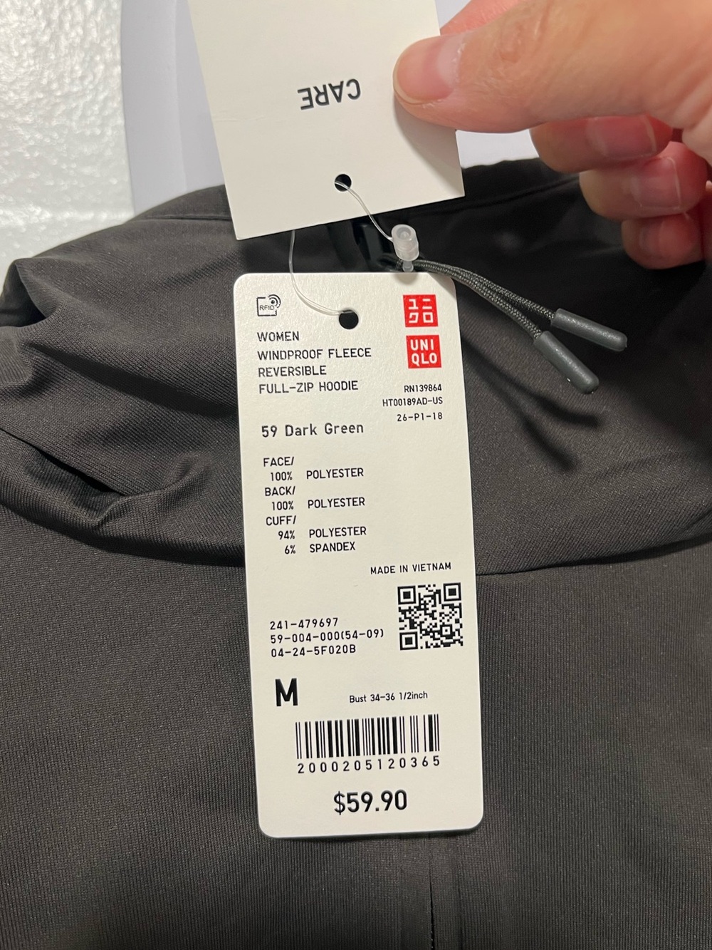 NWT Uniqlo Windproof Fleece Reversible Full-Zip Hoodie in 59 Dark Green - Picture 3 of 5